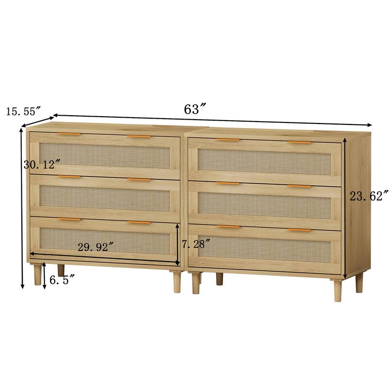 Rattan 3-Drawers Buffet Storage Cabinet (Set of 2)