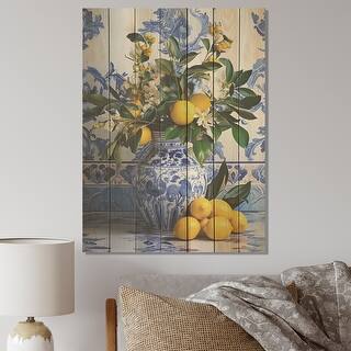 Designart "Greek Tiles Still Life Kitchen III" Boho Pottery Wood Wall Art - Traditional Wood Print on Natural Pine Wood