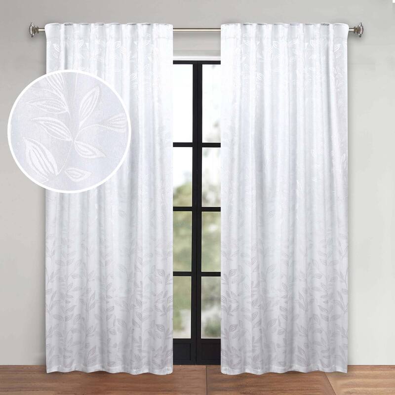 Superior Leaves Machine Washable Room Darkening Curtains with Back Tabs, Set of 2 - 52" x 84" - White/White