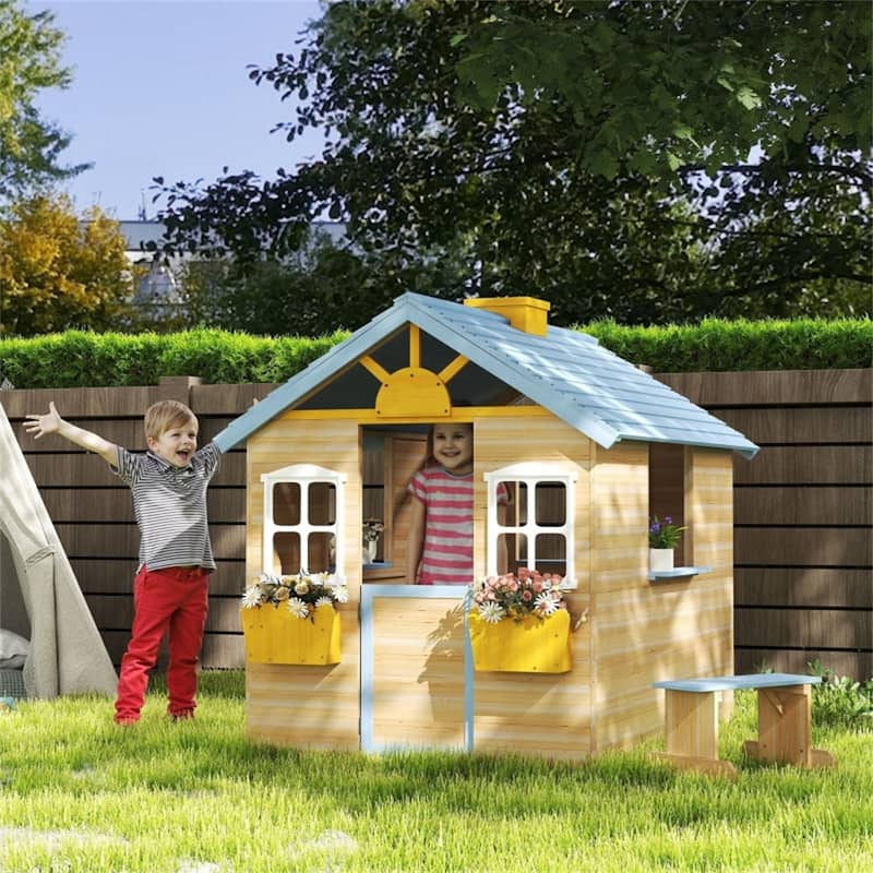 Natural Wood Kids Outdoor Playhouse with Bench Service Station and Flowerpot Holders for Backyard Fun Ages 3 to 7