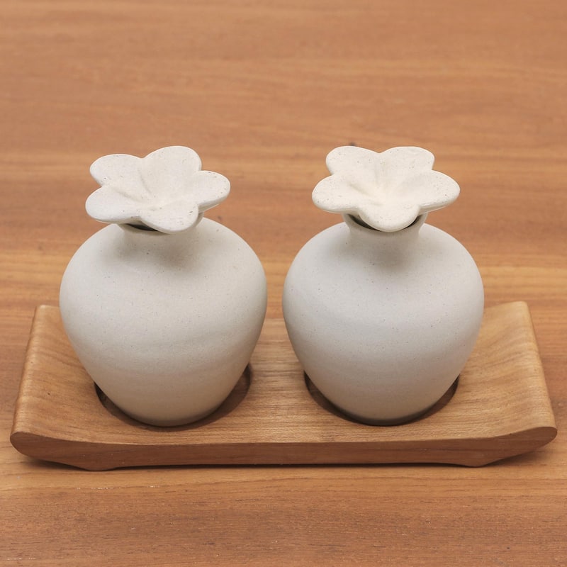 Novica Handmade Blooming Frangipani Ceramic And Teak Wood Bathroom Set