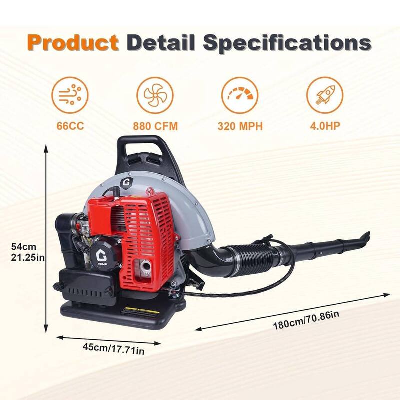 Backpack Durable Gas Powered Leaf Blower 4.0 HP 66cc 2-Cycle 880 CFM 320 MPH - N/A