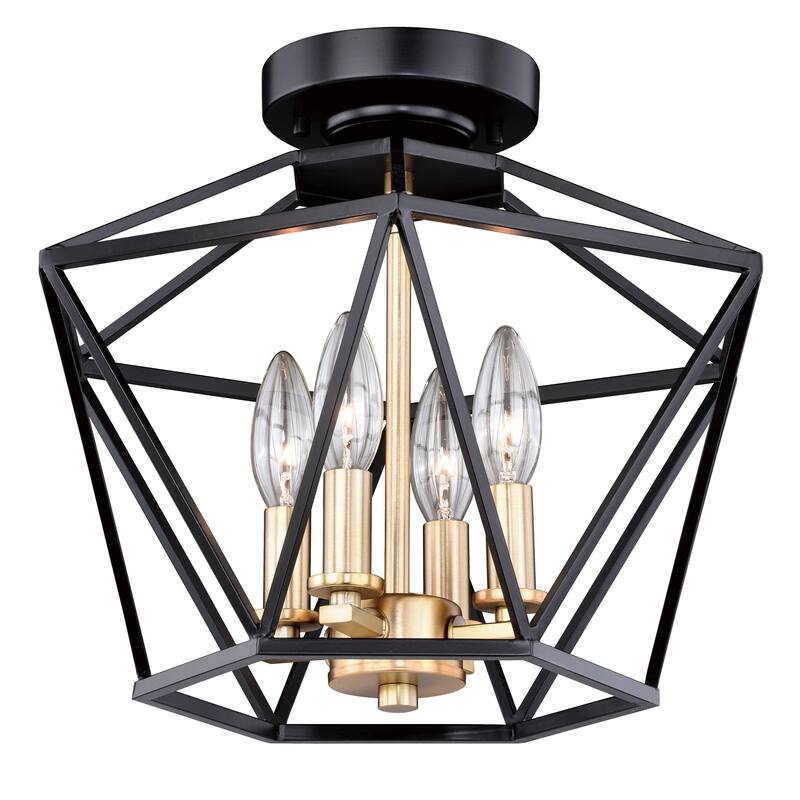 Turin 14.5-in W Bronze Gold Geometric Cage Candle Semi Flush Mount Ceiling Light - 14.5-in W x 11.75-in H x 14.5-in D - Noble Bronze and Natural Brass - 14.5-in W x 11.75-in H x 14.5-in D