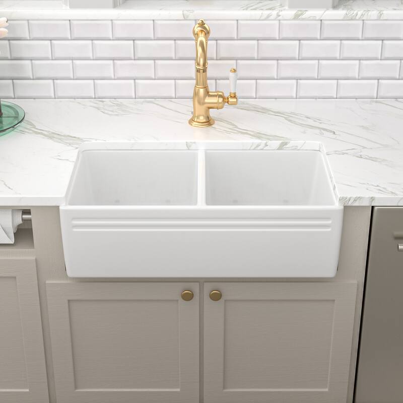 Kichae 33 Inch Ceramic Sink Undermount Double Bowl Low Divider Farmhouse White Kitchen Sink - 33 in.W x 18 in.D x 10 in.H