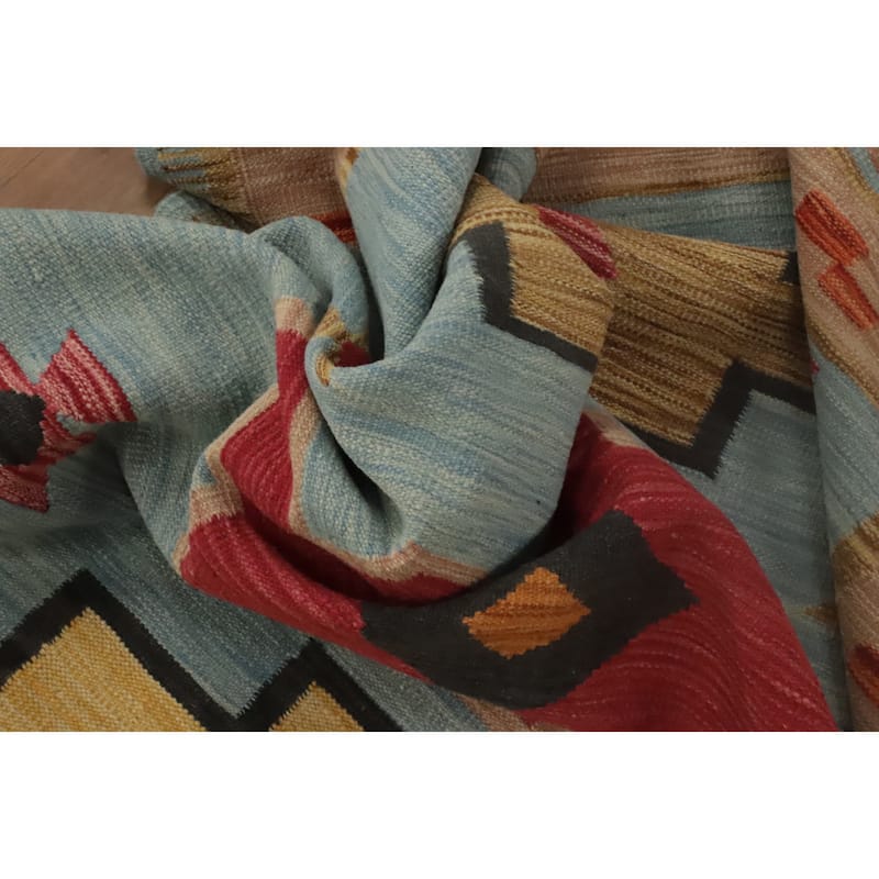 Hand Woven Oriental 100% Wool Carpet Southwestern Tribal Navy Blue & Blues Kilim Area Rug - 6' 6'' X 5' 2''