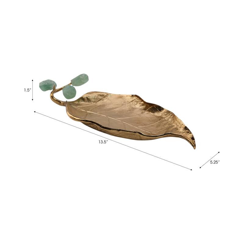 Metal Leaf Sculpture with Gemstone Detail Modern Accent - 14" Gold - 13.5" x 5.25" x 1.5"
