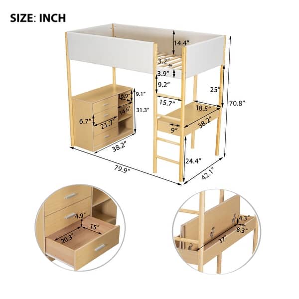 dimension image slide 1 of 6, Modern Teddy Fleece Loft Bed with Storage Shelf, Drawers & Desk, Multi-Functional Wood Loft Bed Frame w/Soft Padding