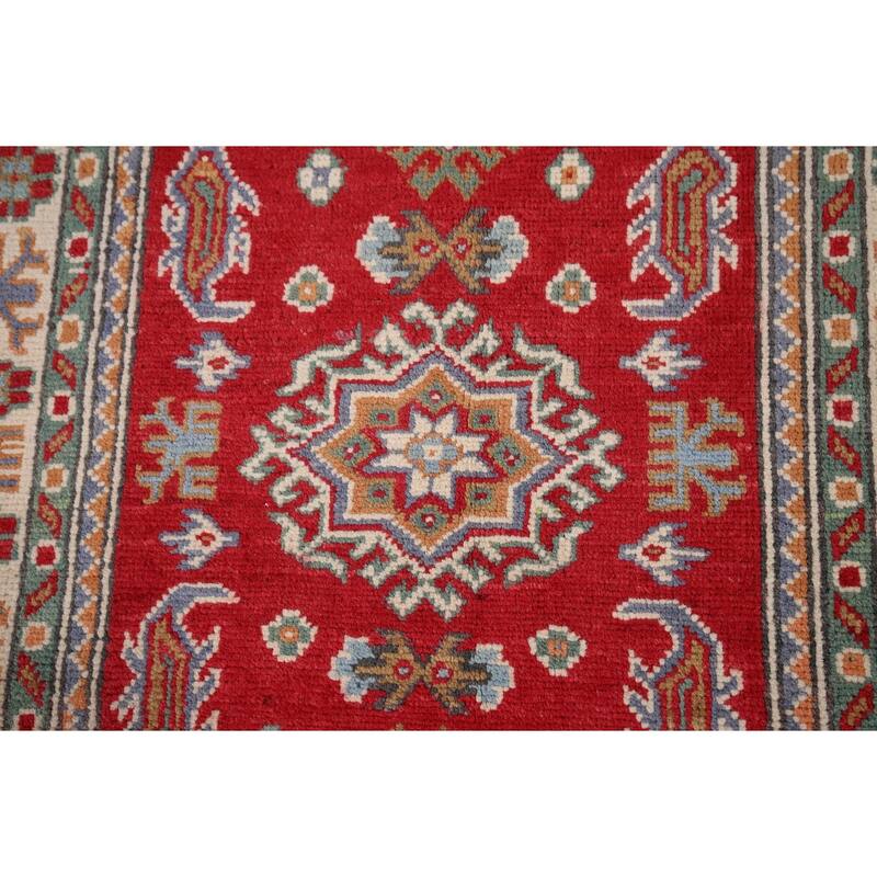 Geometric Red Kazak Oriental Accent Rug Hand-Knotted Wool Carpet - 2'8" x 4'1"