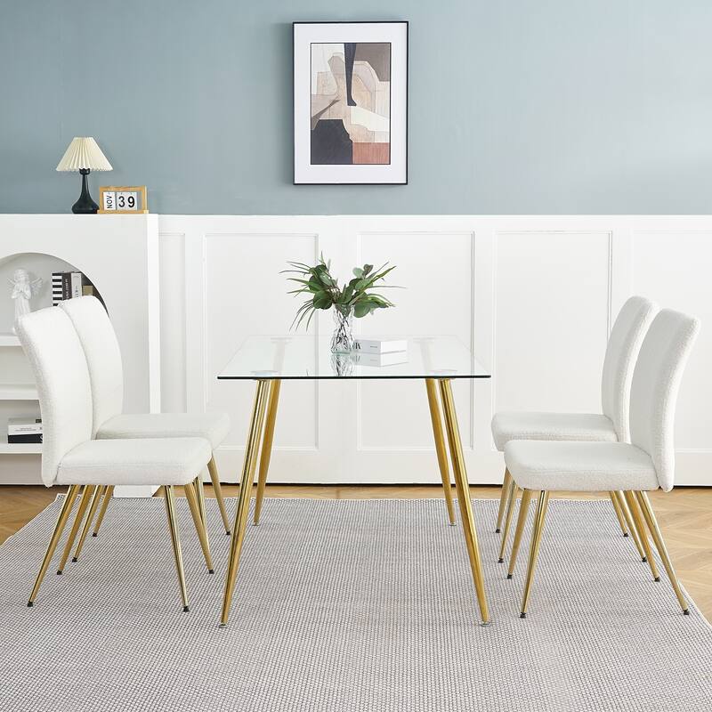 Modern Black Teddy Wool Dining Chairs Set of 4, Upholstered Chair with Fabric Accent Side Chair, Side Chair with Gold Metal Legs