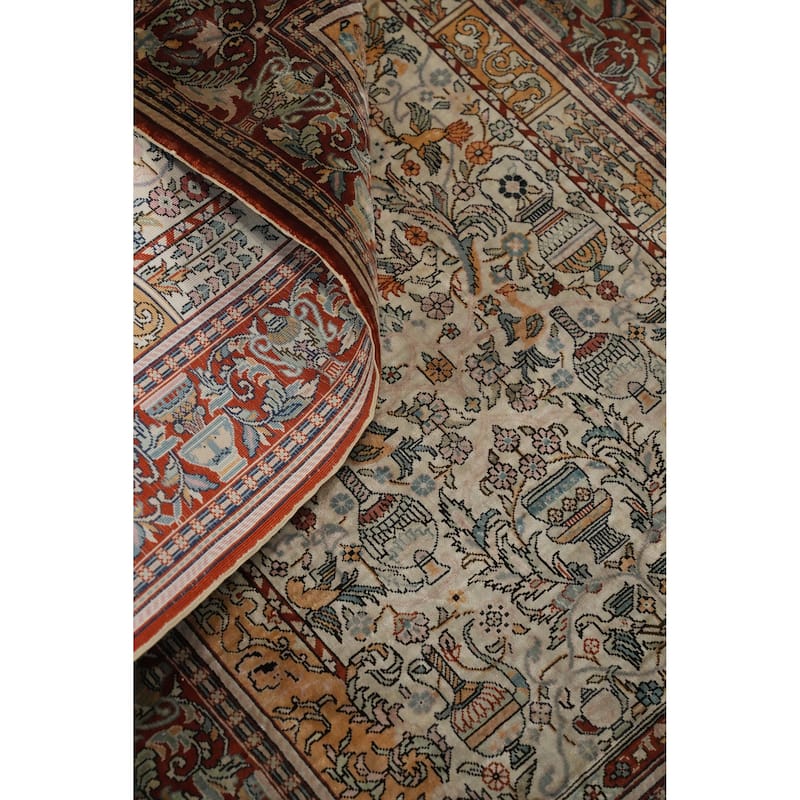 Hand Knotted Traditional Silk Beige Geometric Area Rug - 3' 1'' X 2' 0''
