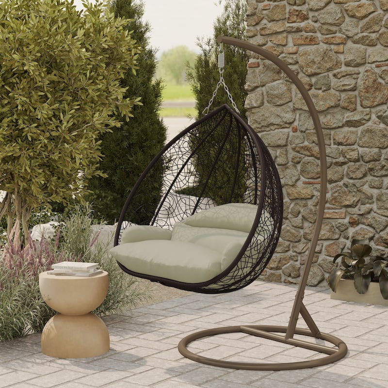 2-Person Egg Swing Chair in Brown Stainless Steel 2-Seater Porch Swing with Stand for Outdoor and Indoor - 77.95" Height
