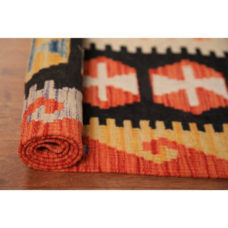 Orange Geometric Kilim Oriental Area Rug Handmade Wool Carpet - 8'7"x 11'3"