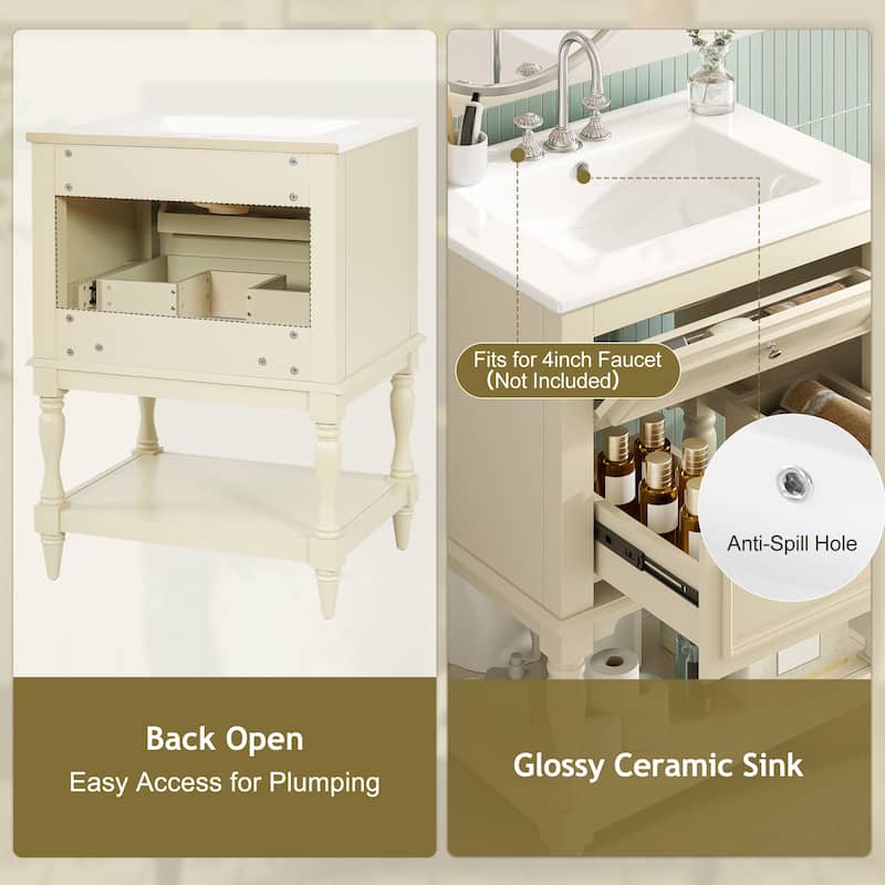 Retro Small Bathroom Vanity with Open Shelf, Ceramic Sink Cabinet