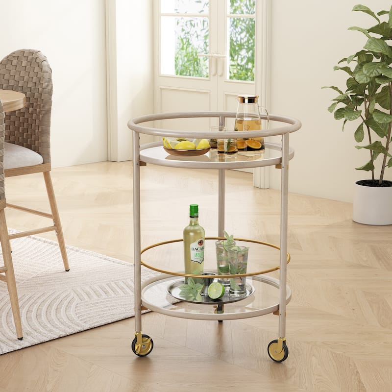 Christopher Knight Home - Aurelia Modern Round Bar Cart with Tempered Glass Shelves - Ancient White