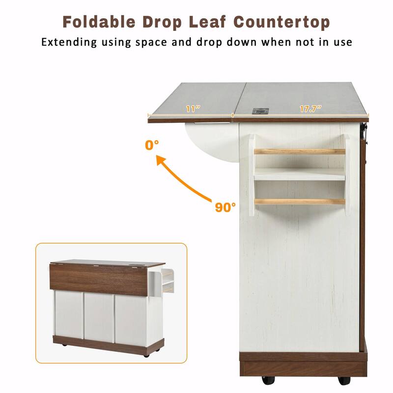 55.5" Farmhouse Kitchen Island with Drop Leaf, Barn Door Storage, Power Outlet