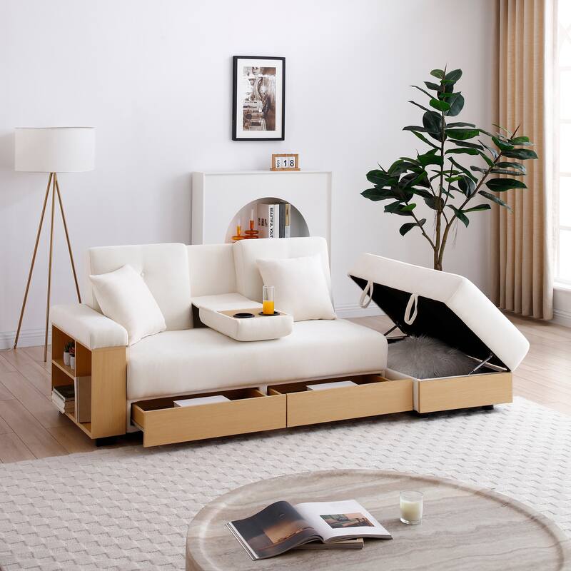 Multifunctional Double Folding Sofa Bed,Storage Ottoman And Sofa Arm With Box And Drawer,Drop Down Table With 2cup Holders - Beige