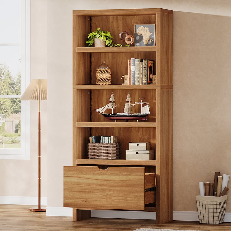 70.9" Tall Bookcase with File Drawer, 5-Tier Bookshelf with LED Lights