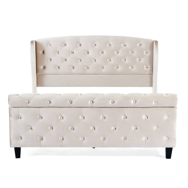 Christopher Knight Home - Amara Traditional Velvet Upholstered Sleigh Bed with Wingback Headboard & Scroll Footboard, Queen Size