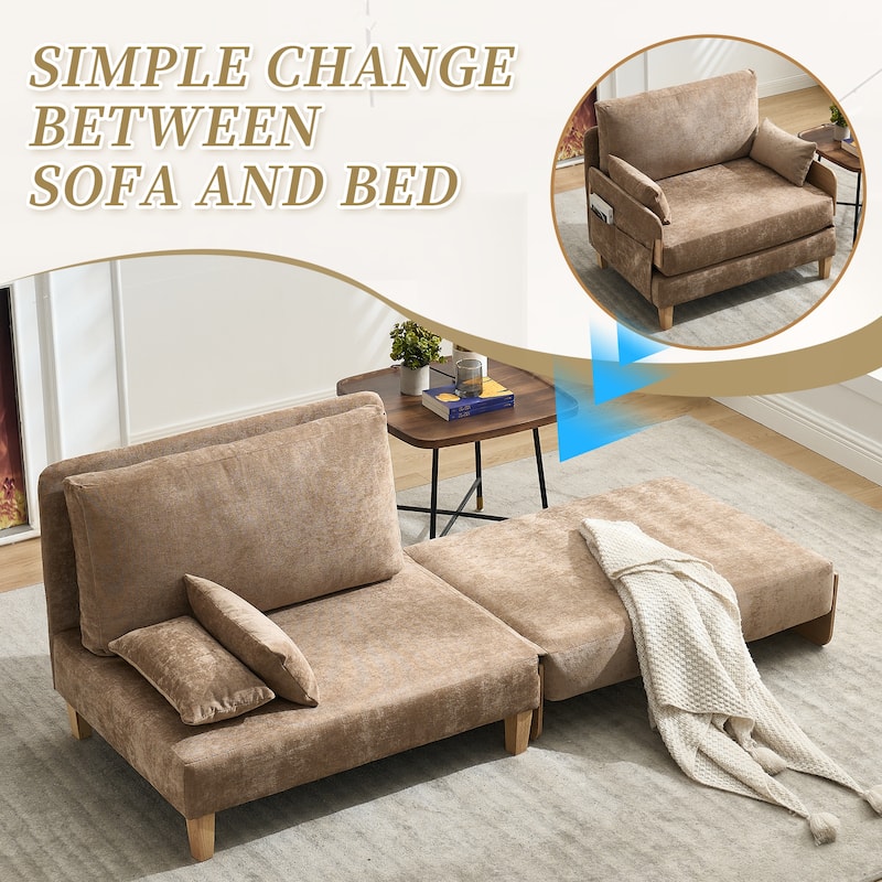 Chenille 3-in-1 Convertible Sofa Bed Chair with 3 Pillows and Storage Pockets