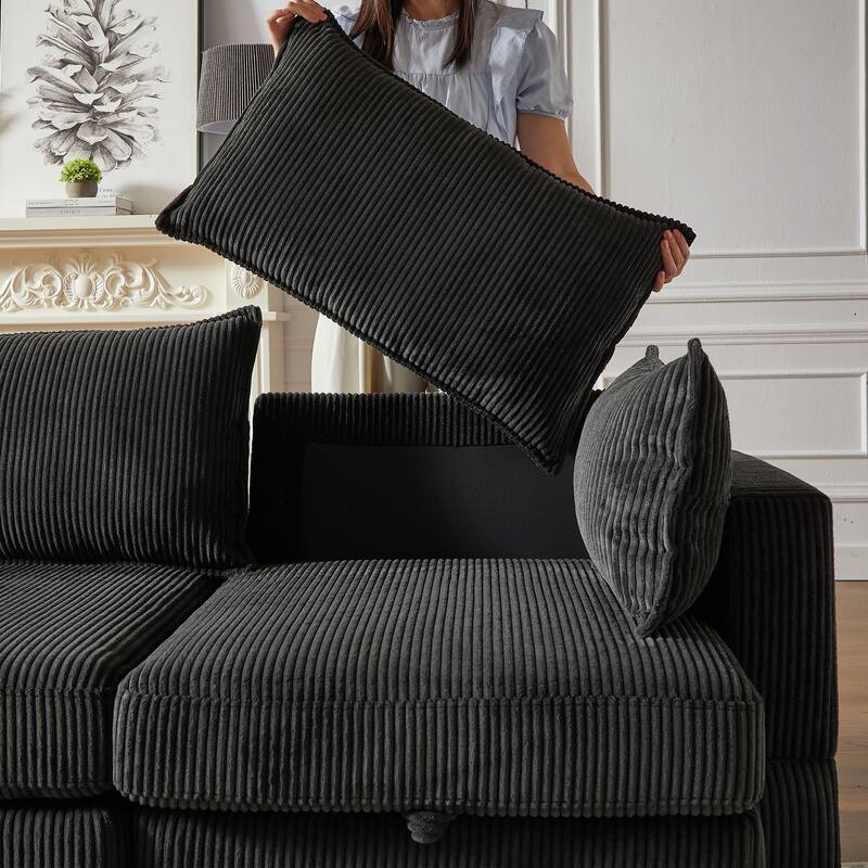 113.5" Corduroy U-Shaped Sectional Sofa with Storage Ottoman, 6-Seat Modular Design and Convertible Chaise