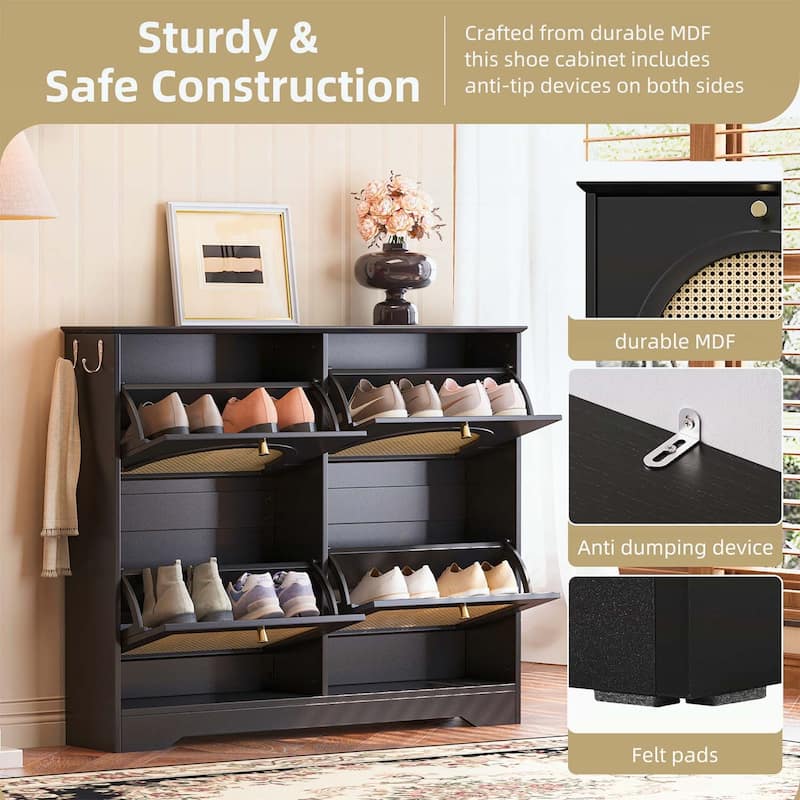Elegant Entryway Shoe Cabinet with 4 Flip Drawers,with Rattan Doors and Hooks