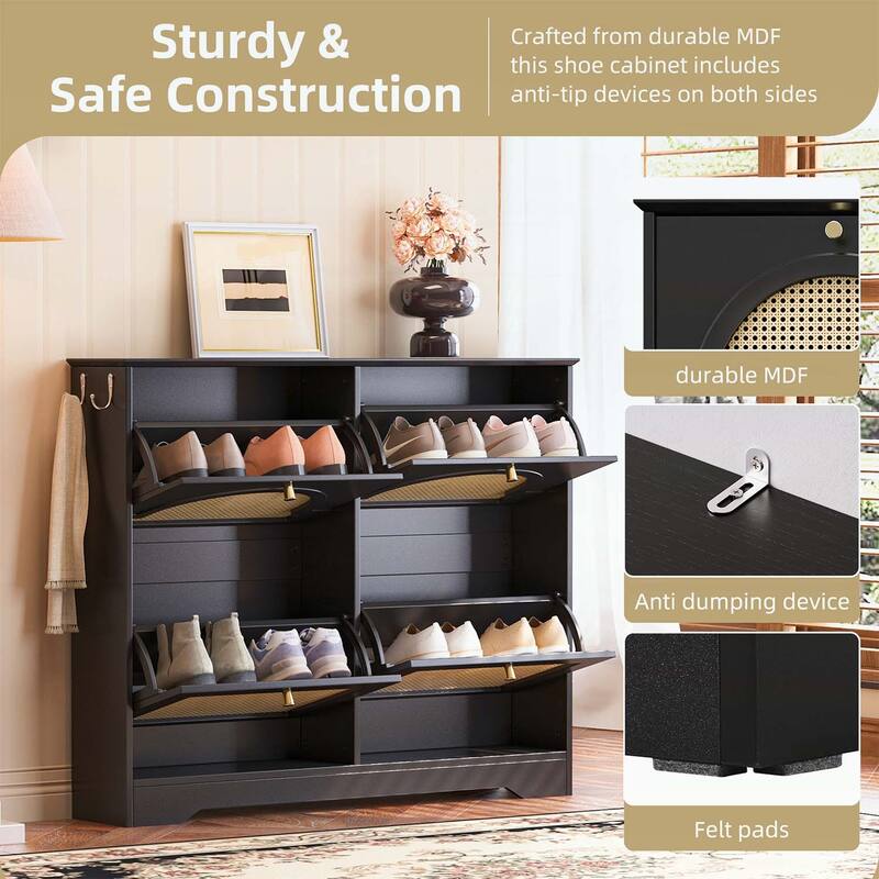 Exquisite and Elegant Tipping Bucket Shoe Cabinet with 4 Flip Drawers,Doors and 2 Hooks