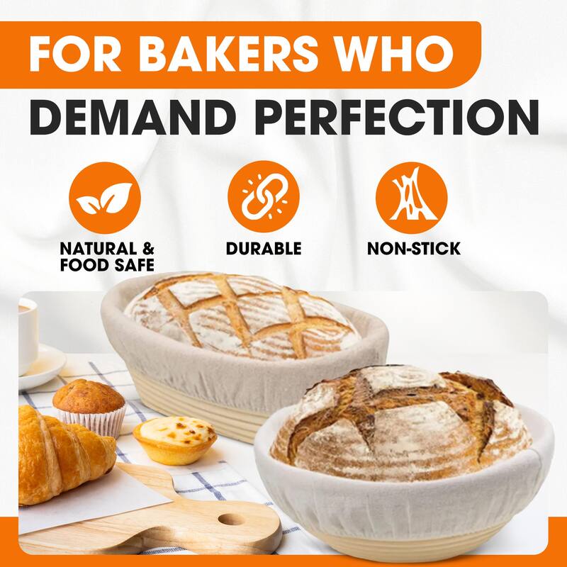 Cheer Collection Complete Round and Oval Bread Proofing Basket Set with Essential Baking Tools - Round and Oval