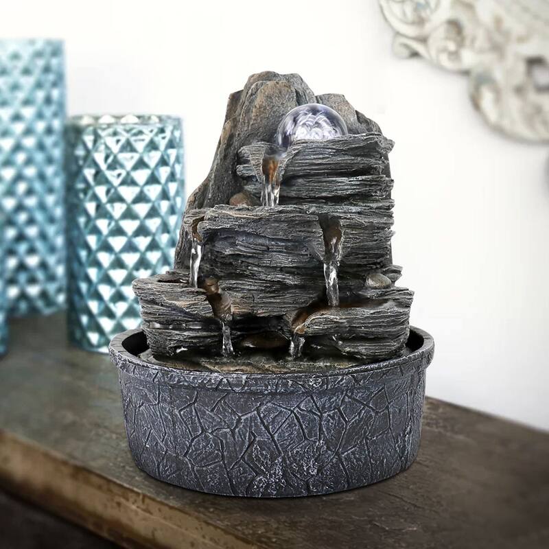 Cascading Rockery Water Fountain with LED Lights, Resin Water Feature