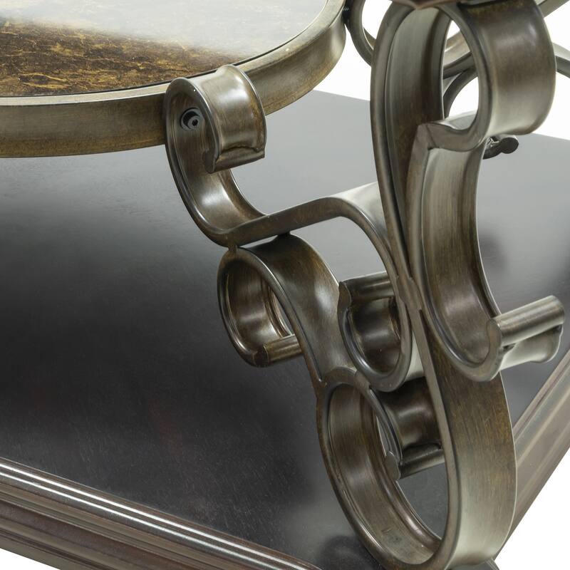 Cocktail Table with Glass Top and Scroll Accent, Brown