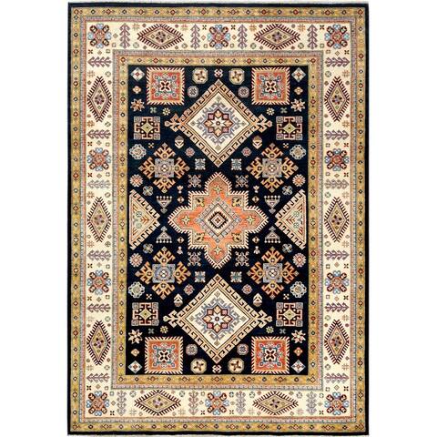 Shahbanu Rugs Afghan Special Kazak, Pure Wool, Hand Knotted, Midnight Blue, Caucasian Design, Oriental Rug (6'1" x 8'8")