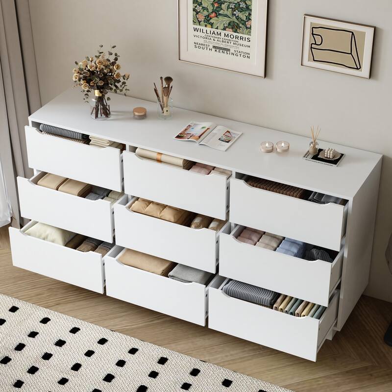 9 Drawer Dresser for Bedroom with Deep Drawers, Large Floor Wood Dressers & Chest of Drawers, Modern White Long Dressers
