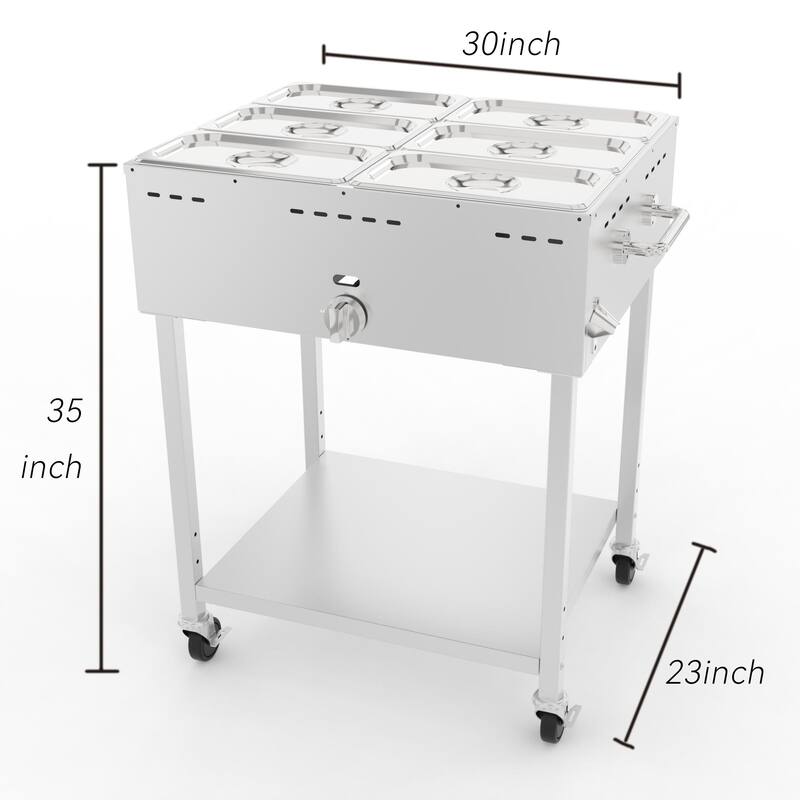 Outdoor Mobility This propane food warmer hasfour3"lockable wheels for easy movement&stability plus a metal push handle.
