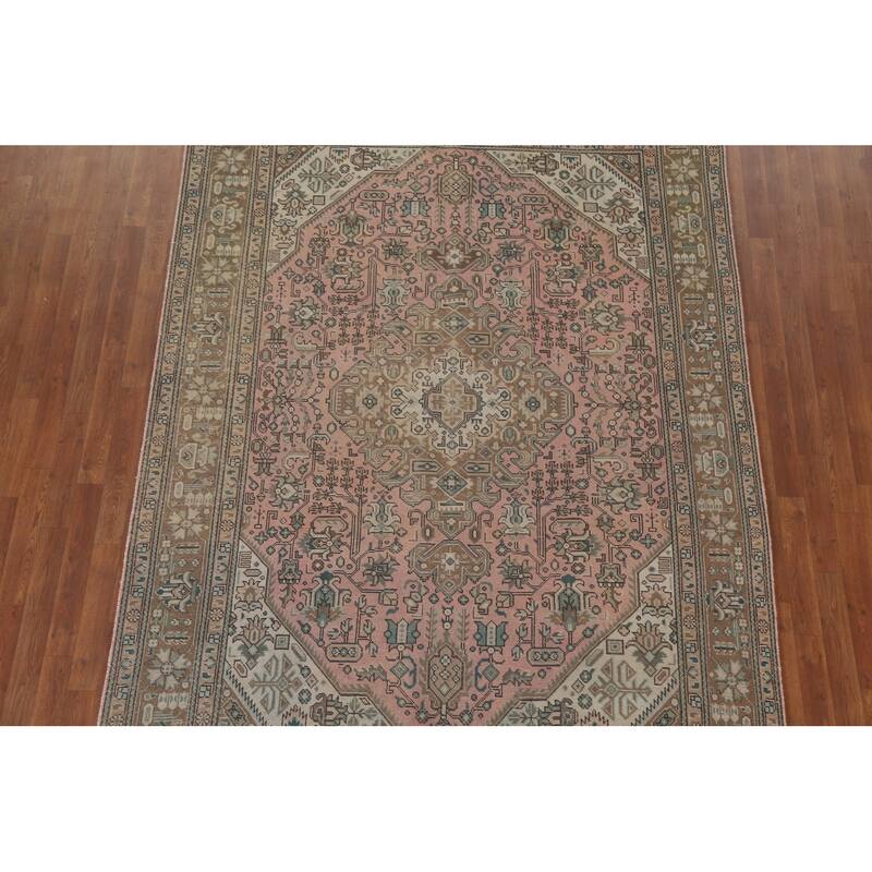 Hand Knotted Oriental 100% Wool Carpet Traditional Medallion Pink Tabriz Area Rug - 9' 5'' X 6' 5''