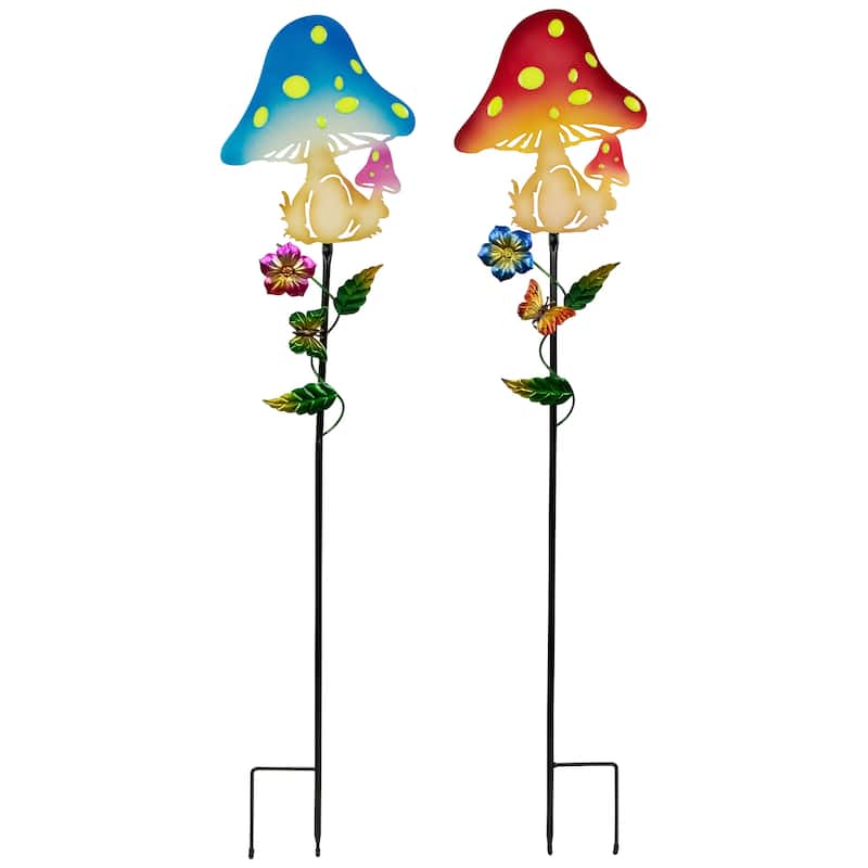 Solar Powered Mushroom Outdoor Garden Stakes - 36" - Set of 2 - Multi