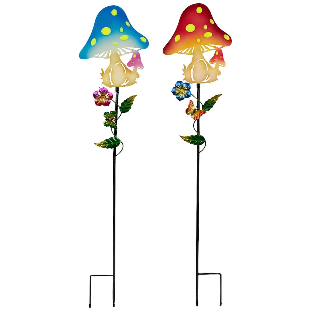 Solar Powered Mushroom Outdoor Garden Stakes - 36" - Set of 2