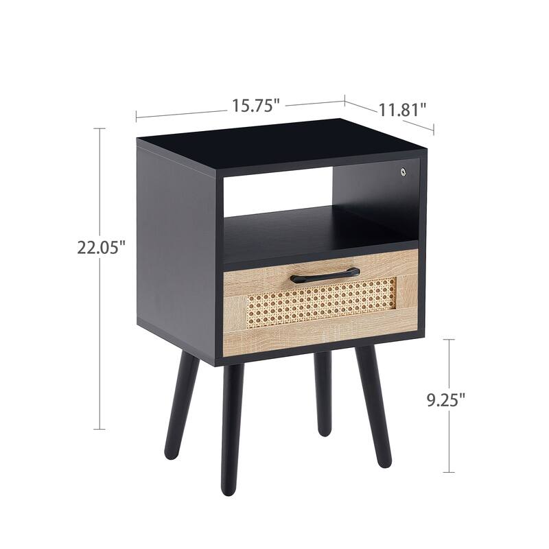 Modern Rattan End Table with Drawer and Solid Wood Legs