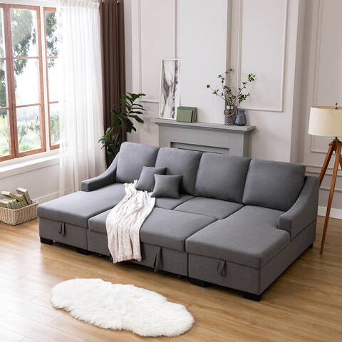 Nestfair Grey Upholstery Sleeper Sectional Sofa with Double Storage Spaces