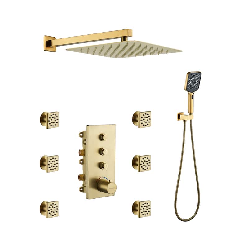 Luxury Thermostatic Shower System 3-Spray Patterns Wall Mount Fixed Shower Head and Handheld Spray with 6 Body Jets - 12" x 12"
