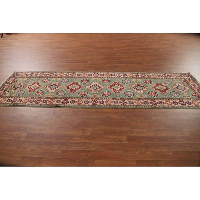 Green Kazak Runner Rug Handmade Wool Carpet - 2'8" x 9'7"
