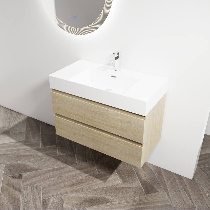 24/30/36 Single Sink Wall-Mounted Bathroom Vanity with Integrated Thick Edge Resin Sink