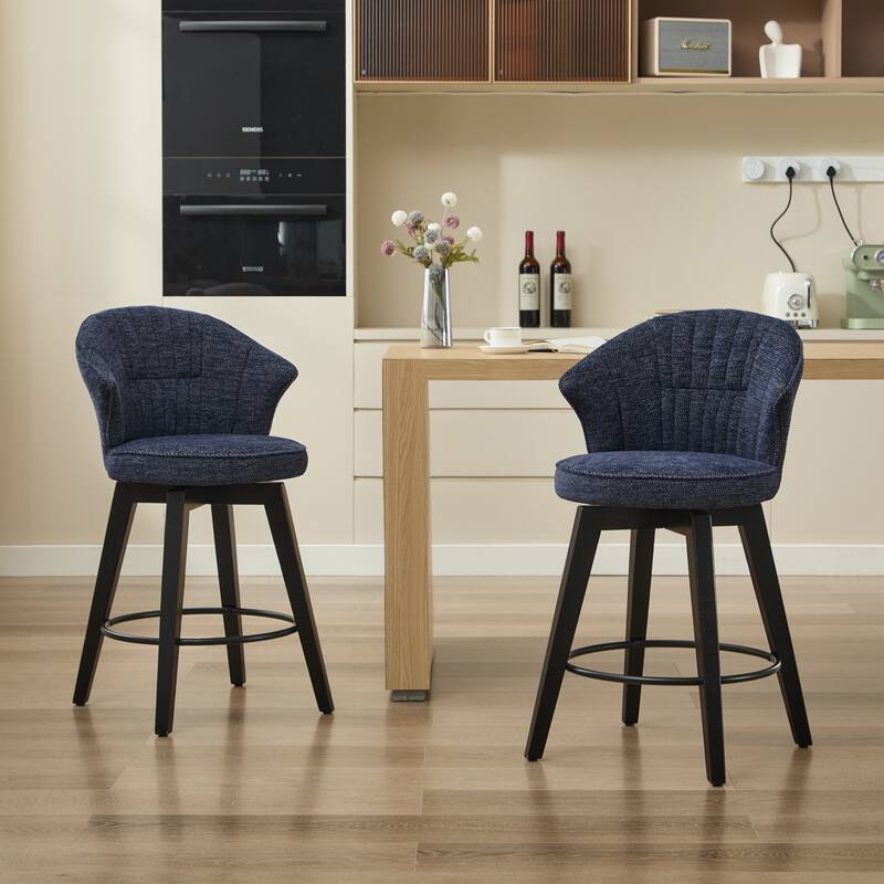 Wing Back Swivel Bar Stools Set Of 2 - 25" Counter Height Adjustable Stools With Solid Wood Legs & Chenille Upholstery
