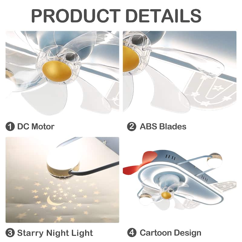 26In Cartoon Aircraft Flush Mount Ceiling Fan, 6-Speed Dimmable Light with Remote and APP Control for Kids Room