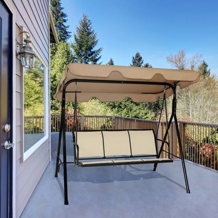 3 Person Steel Frame Patio Swing with Polyester Angle and Adjustable Canopy - Brown - 67" x 43.5" x 60.5" (L x W x H)