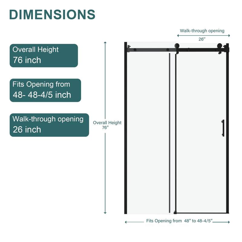48"W x 76"H Black Stainless Steel Single-Slide Shower Door with 8mm Tempered Glass – Walk-Through Opening