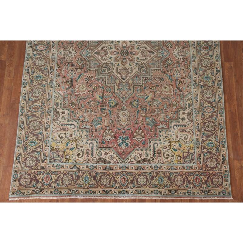 Hand Knotted Oriental 100% Wool Carpet Traditional Medallion Pink Tabriz Area Rug - 9' 7'' X 6' 4''