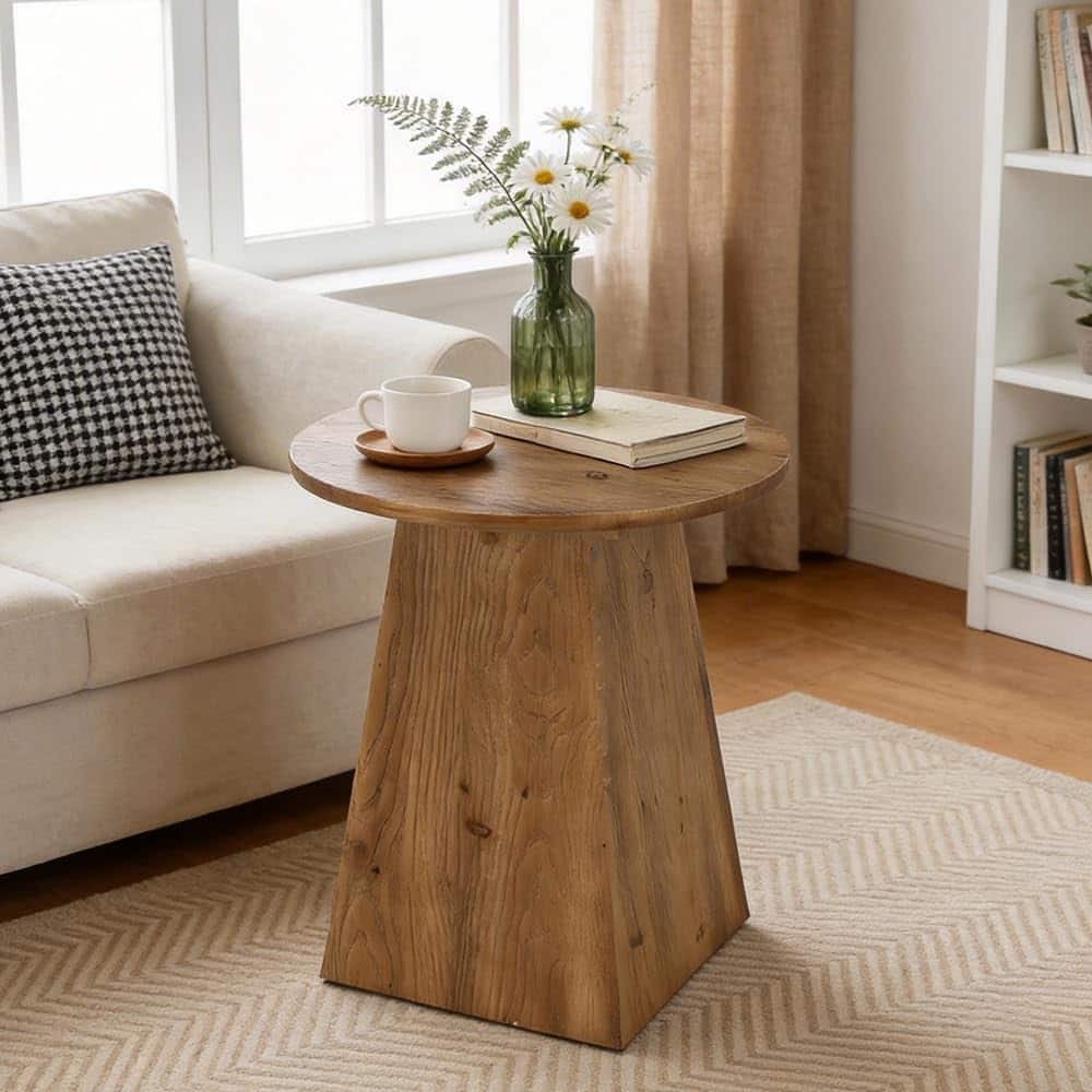 Solid Wood End Table for Living Room, 19" Round Side Table with Trapezoid Base - 18.8" D × 18.8" W × 23.22" H