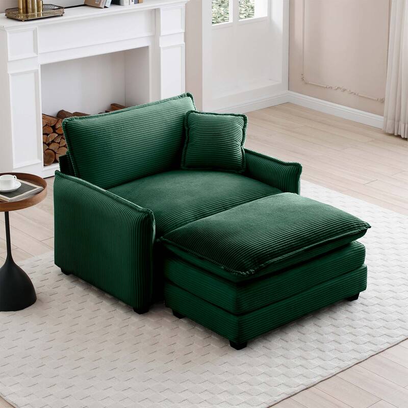 Ergonomic Corduroy Single Sofa Chair with Ottoman and Pillow