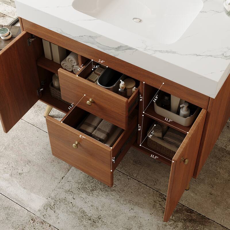 36" Modern Freestanding Bathroom Vanity with Sintered Stone Top, Ceramic Sink & Smart Storage