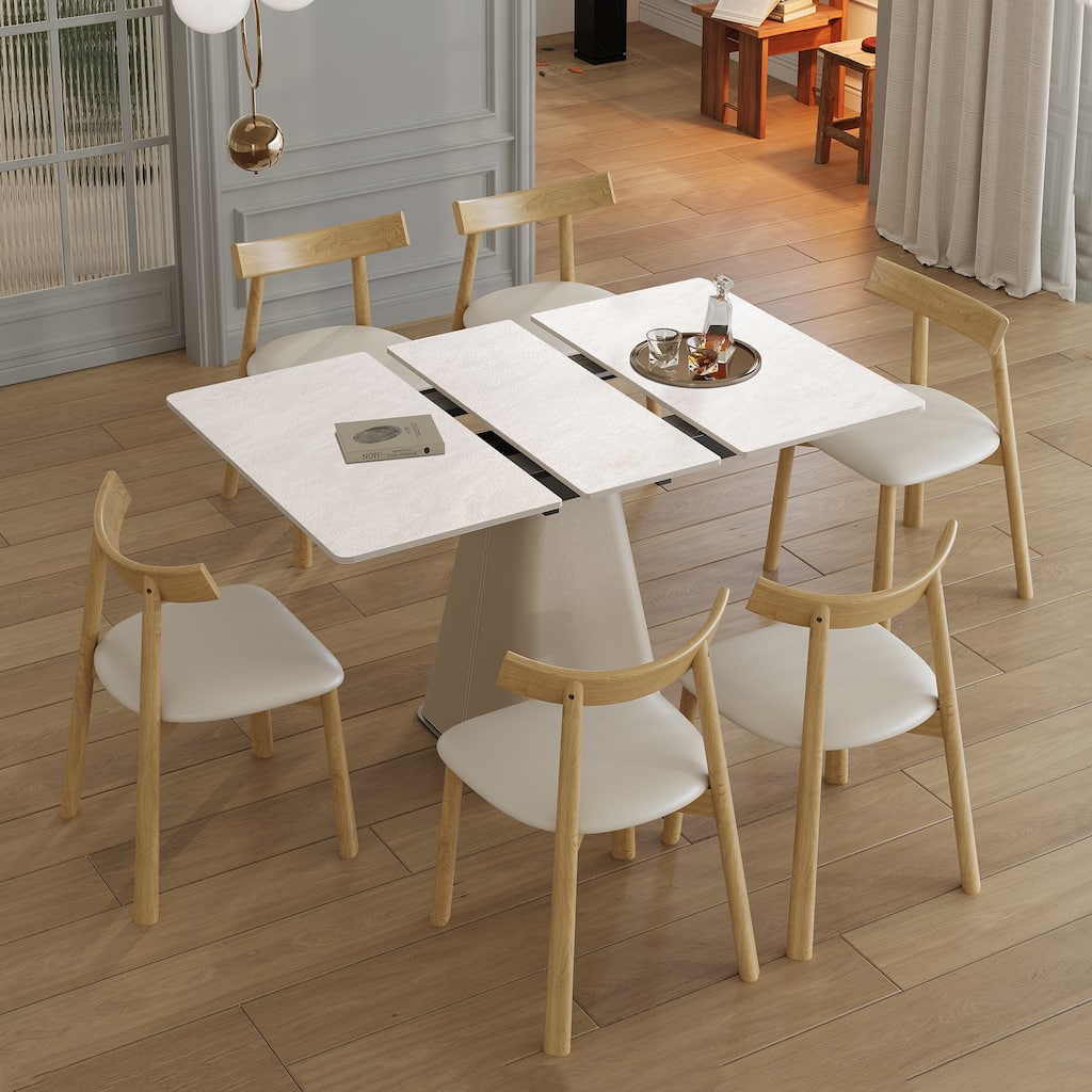 Roomfitters Retractable Rock Slab Dining Table Set, Modern Expandable Square Table with 6 Chairs, White