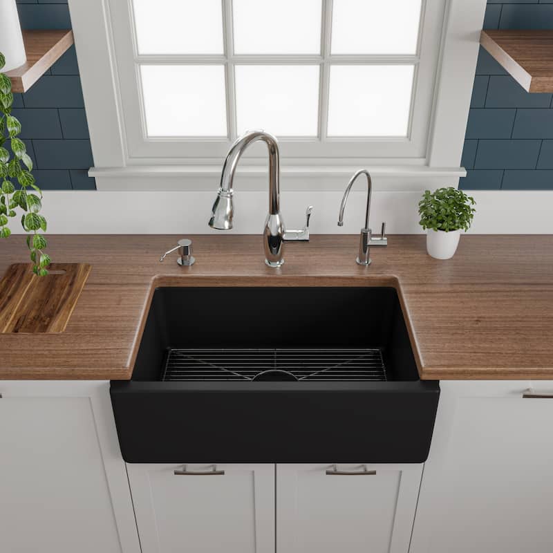 30" Black Matte Reversible Smooth / Fluted Single Bowl Fireclay Farm Sink